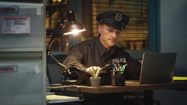 Middle-aged police officer answering a phone call while working on a laptop