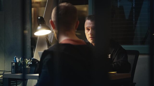 Police officer interrogating a male suspect during a criminal investigation
