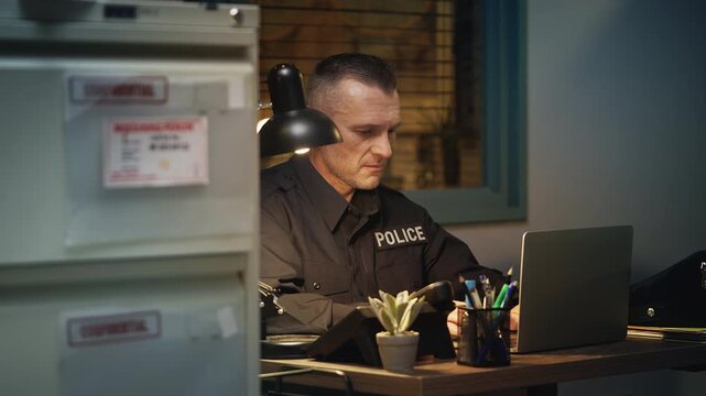 Police officer typing on a laptop at the station, analyzing criminal evidence