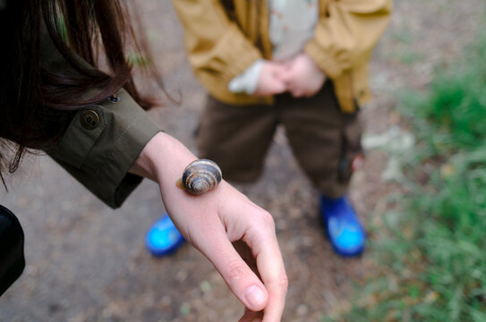 Mother showing snail to child on hand in garden