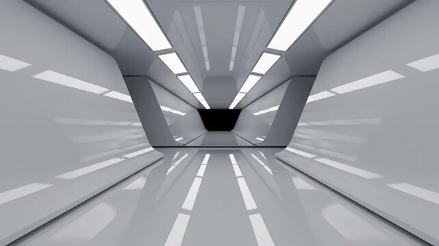 Futuristic white spaceship corridor with bright neon lights