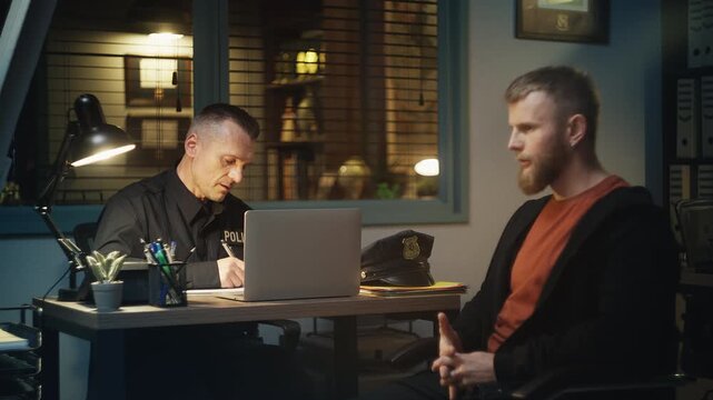 Police detective interrogating a male witness at the station, taking notes