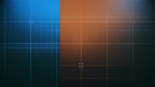 Blue and warm orange digital grid background with scattered focus brackets as a seamless loop, ideal for thermal imaging technology content