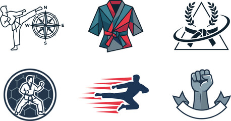 Fototapeta premium Martial arts karate taekwondo minimalist line logo badge set featuring geometric low poly uniform gi icons fighter high kick black belt and punch fist