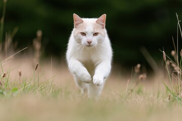 Obraz premium The White Cat Sprinting Across a Green Meadow Toward the Camera Lens