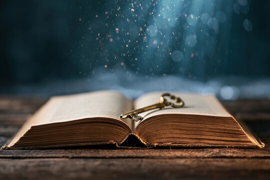 The Ancient Open Book with a Rustic Key on Weathered Table
