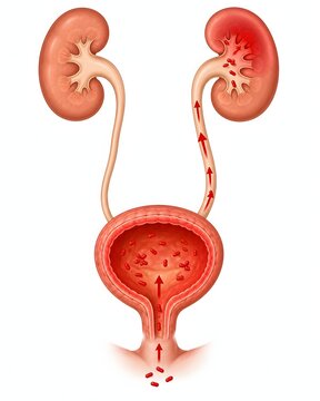 UTI urinary tract infection pathway diagram, cystitis pyelonephritis, urology medical illustration showing UTI infection pathway from urethra to bladder cystitis and ascending pyelonephritis