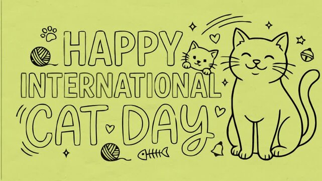 International cat day outline illustration animation featuring cute feline video