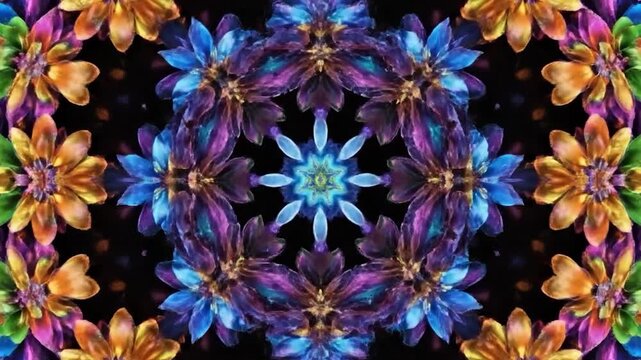 Vibrant floral kaleidoscope pattern with blue and orange flowers