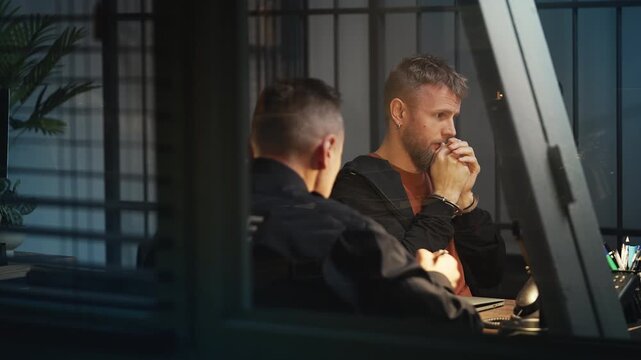 Handcuffed man giving a statement to a police officer, criminal confession