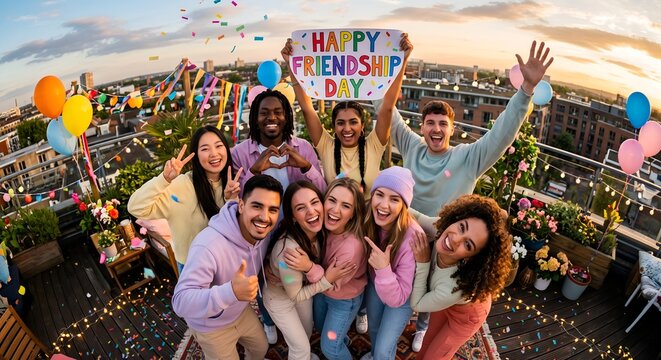 Happy friends celebrating together on rooftop with smiles colorful decorations and joyful friendship