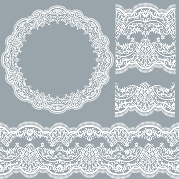 Set of floral design elements. Seamless patterns, seamless borders, circle frame. Beautiful for any plain and chic elegance designs. Vector illustration.
