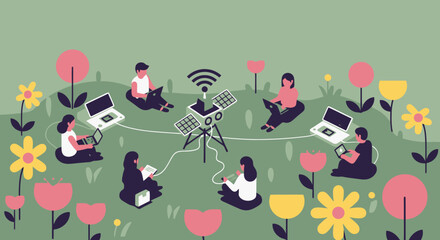 Fototapeta premium People work outdoors on laptops via solar-powered Wi-Fi, surrounded by flowers