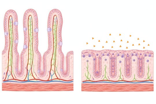 Celiac disease villous atrophy intestinal mucosa diagram, gastroenterology medical illustration comparing normal villi vs celiac disease villous atrophy with crypt hyperplasia 