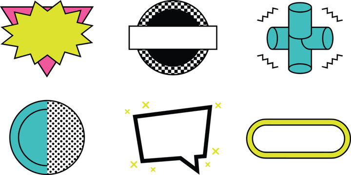 Retro geometric Memphis design element set with pop art stickers of starburst explosion speech bubble checkered badge and 90s colorful abstract shapes vector