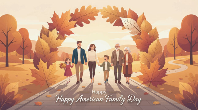 Six family members of different ages walk together on a tree-lined path in autumn, surrounded by large colorful leaves and warm lighting. Text reads 'Happy American Family Day'.