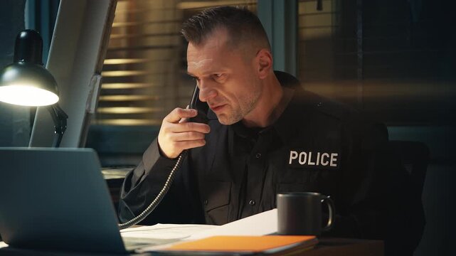 Serious police officer answering a phone call while working at the station
