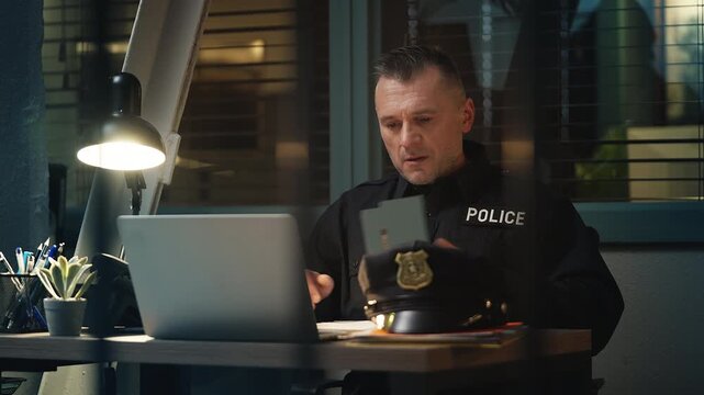 Serious police officer holstering a gun before responding to an emergency call
