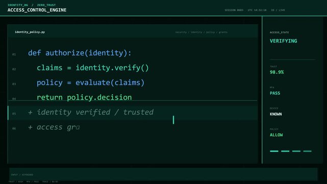 Code editor displaying authorization function with access granted verification process. Green terminal interface shows identity verification, policy evaluation, and successful access confirmation.

