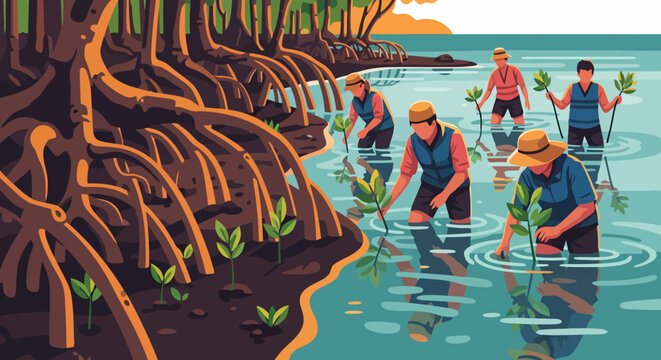 Volunteers planting mangrove saplings in coastal water for reforestation vector illustration