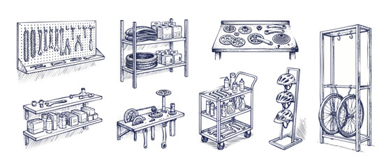 Obraz premium Bicycle repair workshop tools set containing hand drawn sketches of bike maintenance equipment, racks, gears, shelves, helmets, and wheels for design. Vintage engraving style vector illustration.
