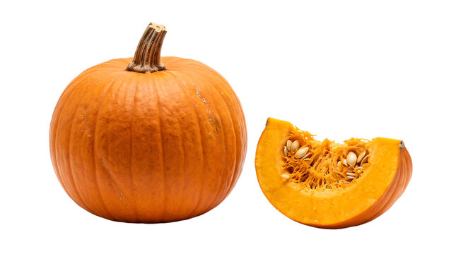 Halloween pumpkins whole and cut open with seeds festive fall decor
