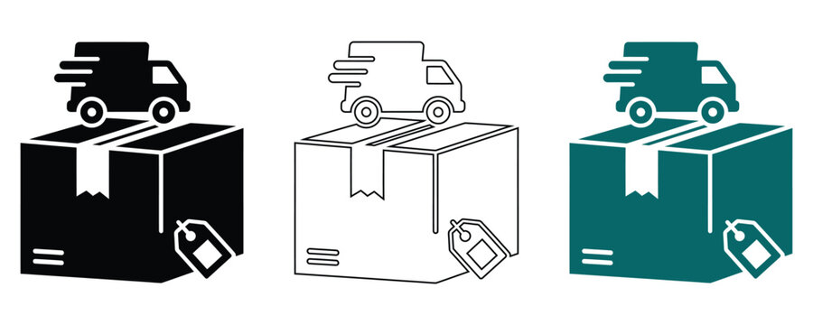Delivery box icon set black white and teal variations for logistics and e commerce applications