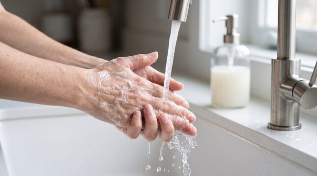 Close up of person washing soapy hands under running tap water in sink for hygiene and virus prevention