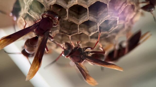 Two Honey Bees Crawling Across Honeycomb Cells Close Up