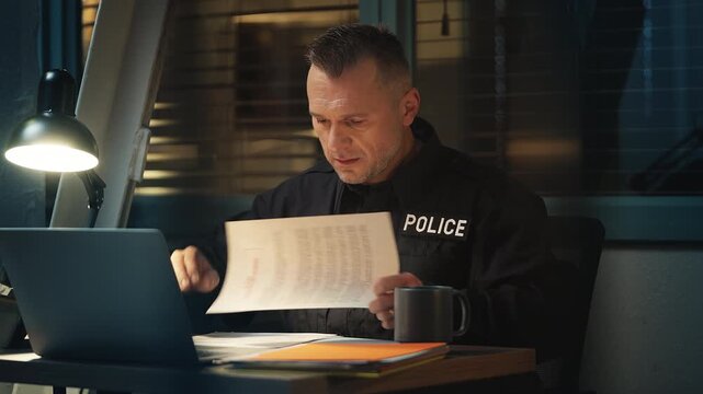 Serious police officer reading criminal case files, searching for evidence