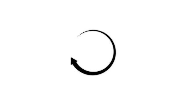 Minimalist circular loading spinner animation, black arrow rotating on white background, progress circle