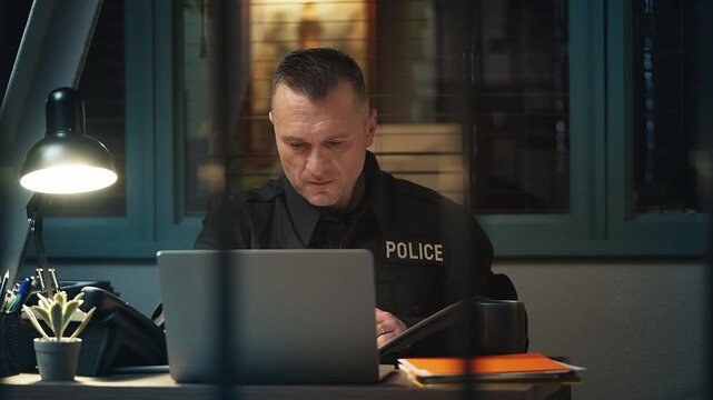 Police detective analyzing criminal case reports while working in the office