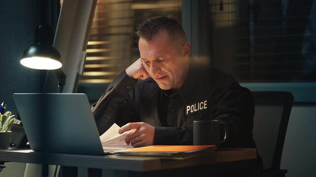 Exhausted police officer reviewing criminal case documents, job burnout concept