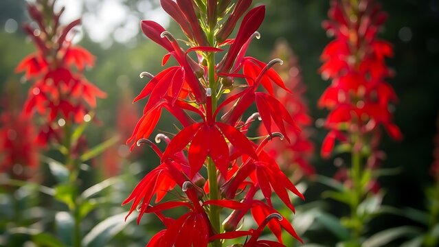 Red cardinal flower blooms in summer garden sunlight with cardinal, botanical