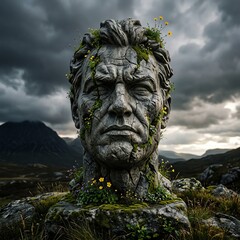 Obraz premium Ancient Stone Head Sculpture Overgrown with Nature in Moody Landscape