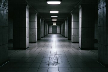 Obraz premium The Long Underground Corridor with Dim Fluorescent Lighting and Perspective