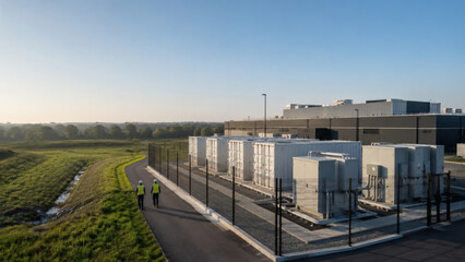 Fototapeta premium Modern Data Center Campus with Power Infrastructure and Technicians at Sunrise