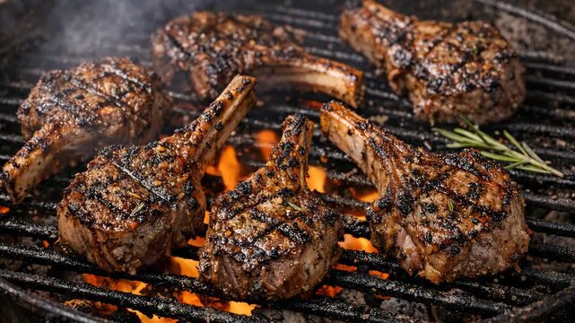 Grilled lamb chops sizzle on a fiery barbecue grill. Flame flickers beneath seasoned meat. Rosemary sprig rests beside sizzling cuts. Charred grill marks highlight juicy texture