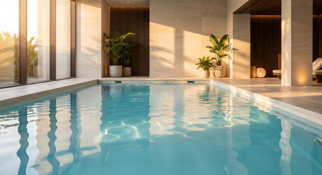 Luxury Indoor Pool Scene with Natural Sunlight and Elegant Decor