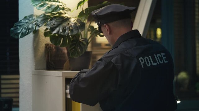 Police officer searching police archives and reviewing confidential documents