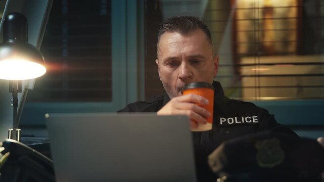 Police officer drinking coffee and eating a donut while at his work desk