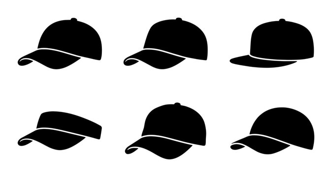 Baseball Caps and Visors, 6 Black Vector Icons Set, Headwear Collection