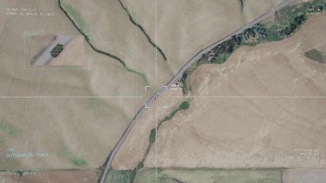 Military drone tracks vehicle across dry fields, with magnified inset, targeting reticle, coordinates, flight data. For defense, war zone, and reconnaissance concepts.
