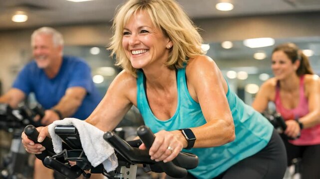 Exercise class with a cheerful participant riding an exercise bike indoors.