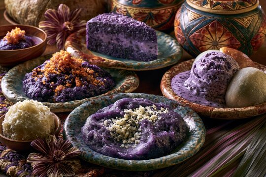 Traditional Filipino Ube Desserts with Purple Yam Halaya Cake Ice Cream and Pastries