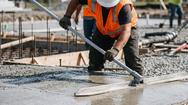 Construction Worker Leveling Fresh Concrete Slab with Screed at Building Site