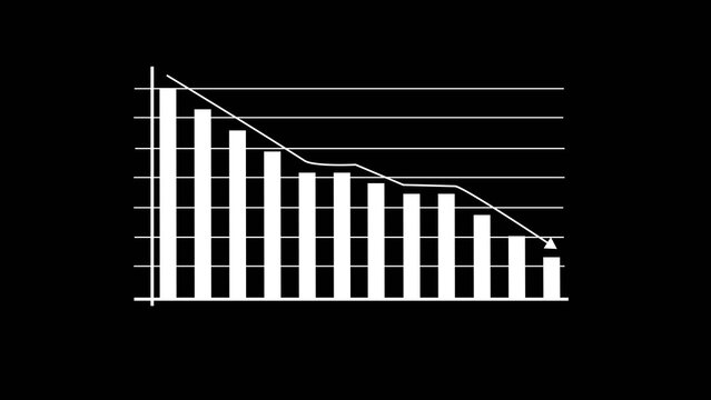 Business graph chart arrow line down white color 4k illustration on black background. growth concept white moving.