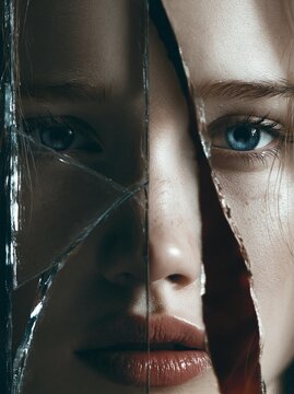 Woman's face split by glass, showing two expressions and inner thoughts