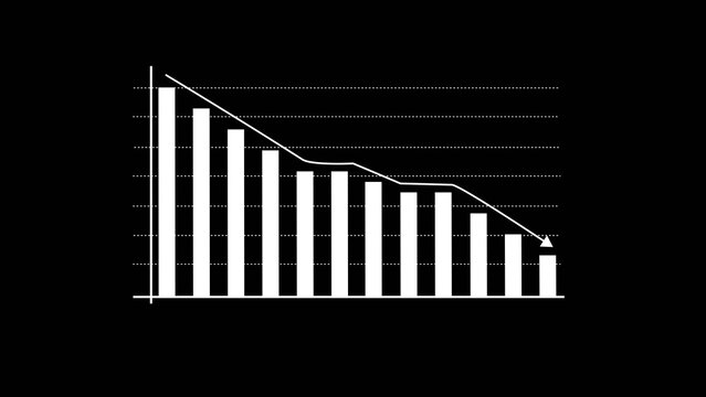 Business graph chart arrow line down white color 4k illustration on black background. growth concept white moving.
