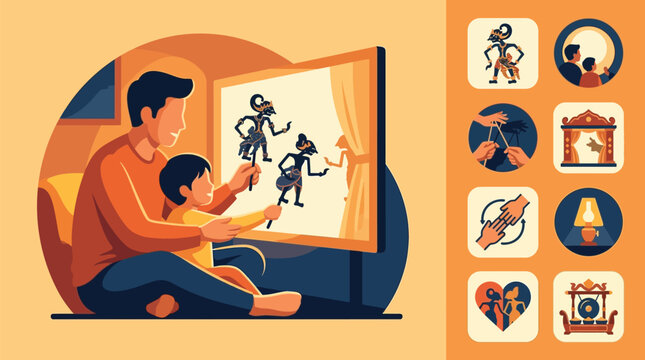 Flat vector illustration of a father and son playing with traditional Indonesian Wayang Kulit shadow puppets behind a backlit screen, accompanied by a set of eight icons.